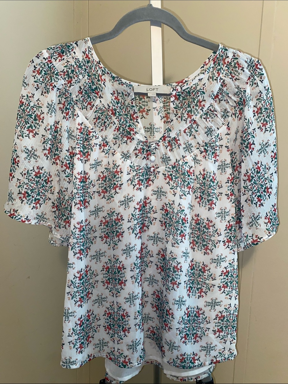 LOFT White Floral Short Sleeve Ruffled Yoke Blouse